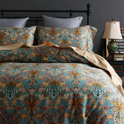 VM VOUGEMARKET Bohemen dekbedovertrekset, kingsize, 3-delig, langstapelig, katoenen dekbedovertrek met ritssluiting, groengouden elegante beddengoedset, Carol, King