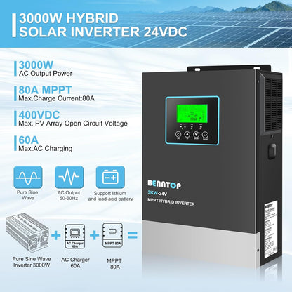 3000 W hybride zonne-omvormer, Off Grid, 24 V DC naar 230 V AC omvormer, zuivere sinus met 80 A MPPT, max. PV-ingang 400 V voor loodzuur en lithiumbatterijen