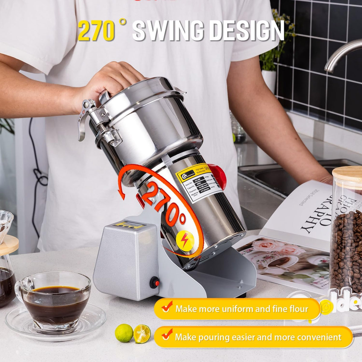 CGOLDENWALL LED Display Graan Molen Grinder Elektrische 800g Swing Type Droog Spice Kruid Granen Koffie Molen Hoge Snelheid 28000RPM/2400W Motor met Timer, Overbelasting Bescherming