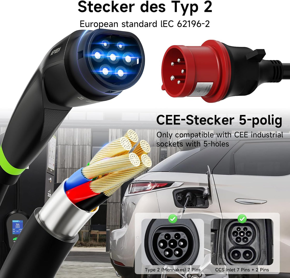 Type 2 oplaadkabel 11 kW, 3-fase, 7 m, 6-16 A, mobiel Wallbox laadstation met CEE-stekker, instelbaar laadvermogen EV oplader voor IEC 62196-2