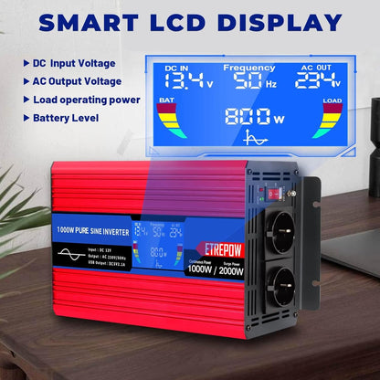 1000w/2000W Omvormer Zuivere Sinus Spanningsomvormer 12v 230v Stroomomvormers met 2 EU-stopcontact en 1 USB-poort, Draadloze Afstandsbediening, LCD-Scherm