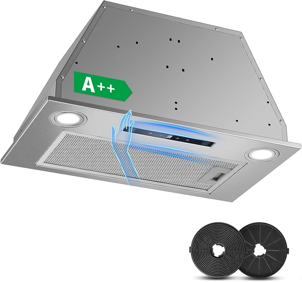 afzuigkap 52 cm, inbouwafzuigkap, 400 m³/u, 3 vermogensstanden en boosterfunctie, gebarenbediening, touchbediening, afzuiging/recirculatie met actieve koolfilter en rookpijp, afzuigkap