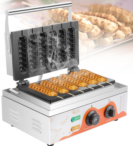 Moongiantgo Máquina Comercial Corn Dog - 6 eenheden 1550 W esdoorn niet oxidabel, temperatuur instelbaar 50-300 °C, temperatuur instelbaar 5 minuten, temperatuur instelbaar van 5 minuten
