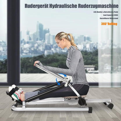 Home Rowing Machine, Double Paddle, Rower with LED Display, Quiet, Hydraulic Resistance, up to 120 kg, Rowing Machine, Full Body Training, Simulates Real Rowing - QUORE