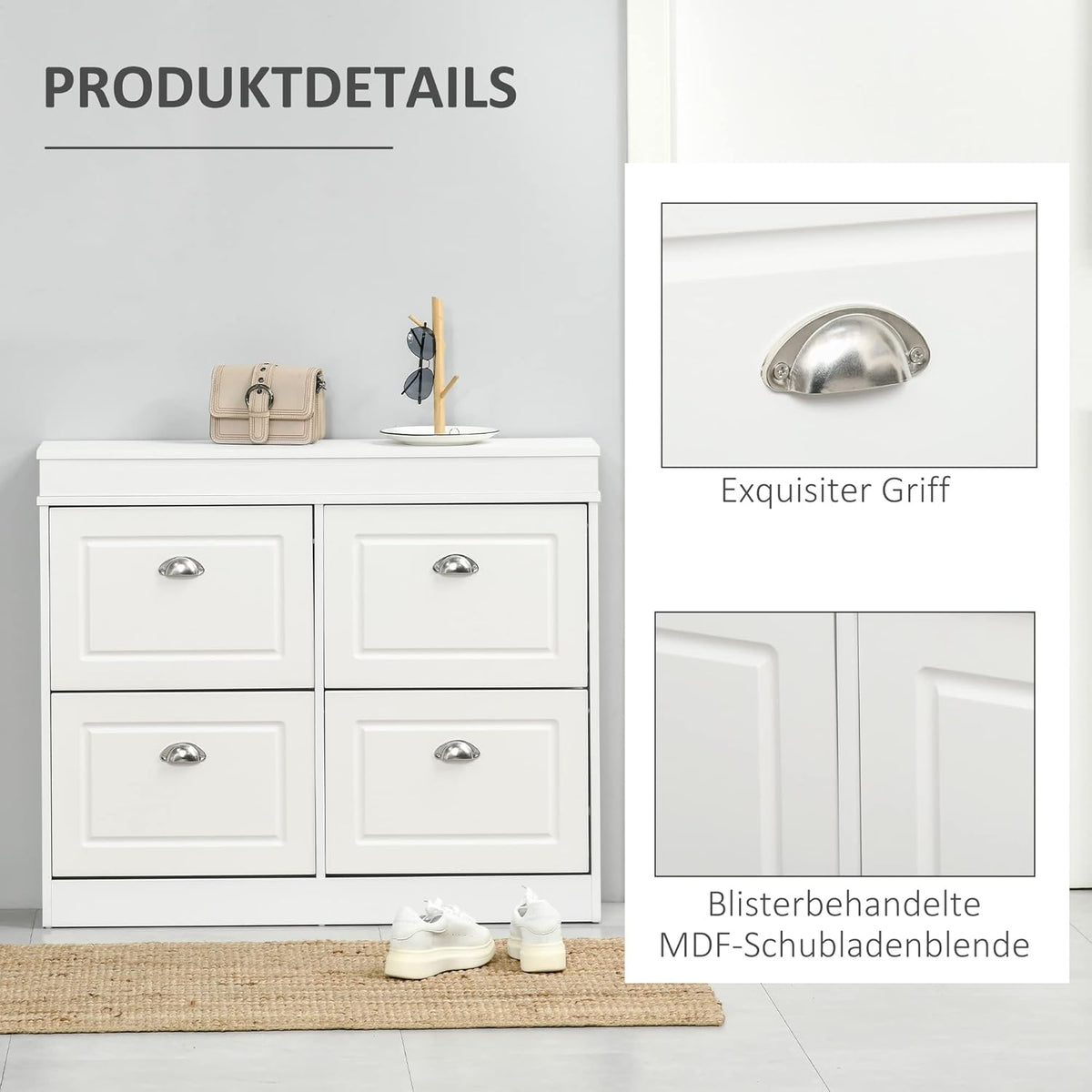 HOMCOM Shoe Cabinet with 4 Drawers Storage Modern Simple Design Cabinet Chipboard MDF White 98 x 24 x 83 cm - QUORE