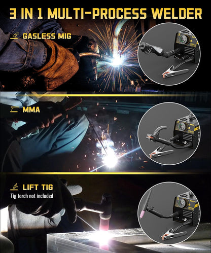 H HZXVOGEN 140A MIG-lasapparaat, 230V Flux Core MIG/Lift TIG/Stick lasmachine 3-in-1 met Synergic, IGBT-inverter, draagbaar gasloos MIG-lasapparaat, MIG-lasmachine voor beginners (HVM140)