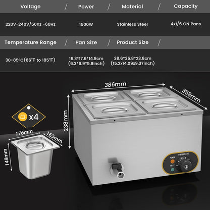 Elektrisch waterbad van roestvrij staal, voedselwarmer buffet, 4 x 1/6 met deksel, instelbare temperatuur 30 °C - 85 °C