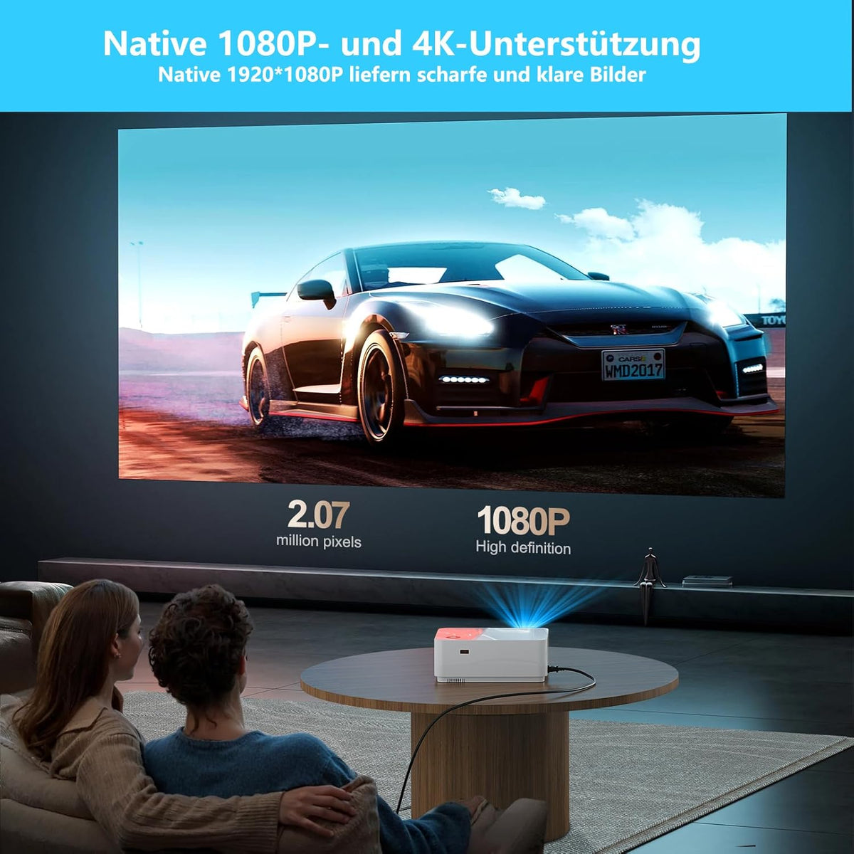WiFi Bluetooth beamer, 4K, Android OS-projector, Native 1080P met autofocus, 800 ANSI lumen, mini-projector voor thuisbioscoop, outdoor, tuin, woonkamer, 9000+ apps, HDMI USB (wit)