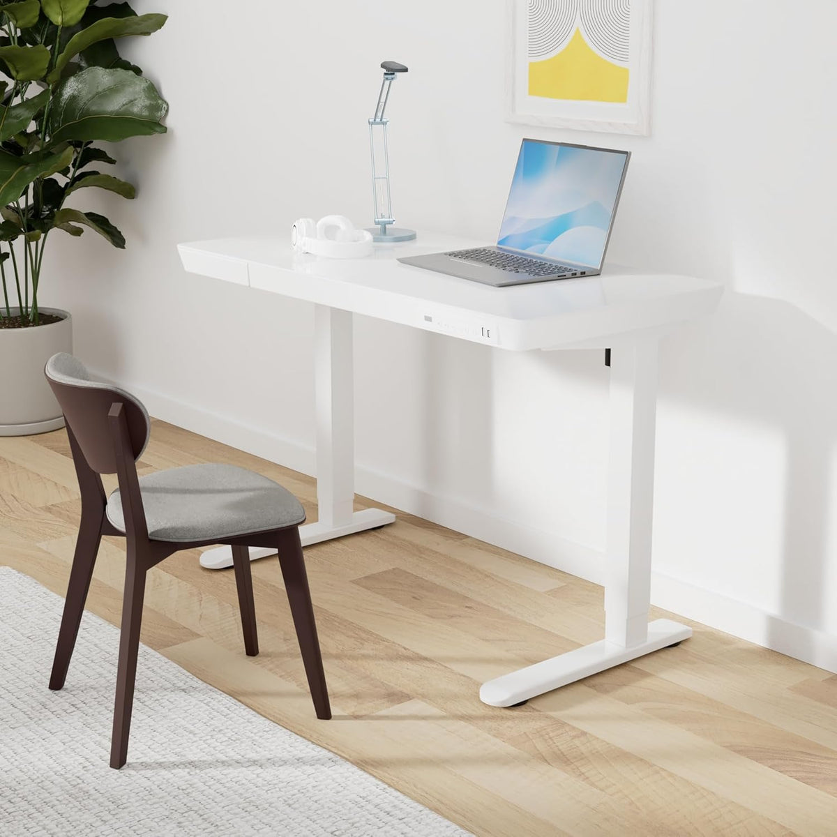 ErGear Electric Standing Desk, 120x60cm Glass Height Adjustable Standing Desk with Drawer and 2 Charging Ports, 3 Memory Stand Desk for Home Office (Glass White Top + White Frame) - QUORE