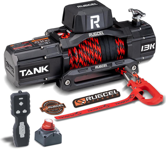 RUGCEL WINCH 13000LB Waterdichte Elektrische Synthetische Touw Lier 12V met Hawse Fairlead, 2 in 1 Draadloze Afstandsbediening, Dubbele Kleur Touw, voor Truck SUV