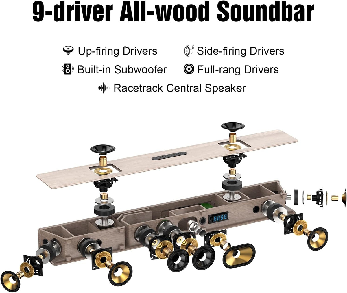 Hiwill WoNoble A502 5.2.2-kanaals Dolby Atmos-soundbar van hout, voor smart-tv met dubbele ingebouwde subwoofer, HarmonicX Sound Processing ClearVoice, surround sound-systeem voor tv-luidsprekers