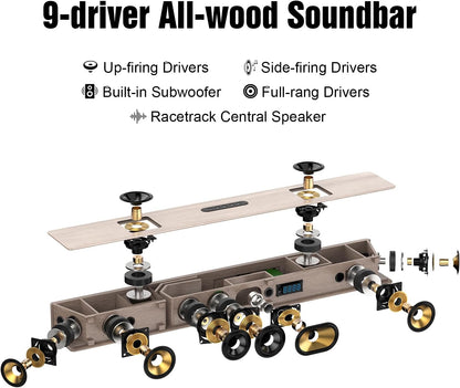 Hiwill WoNoble A502 5.2.2-kanaals Dolby Atmos-soundbar van hout, voor smart-tv met dubbele ingebouwde subwoofer, HarmonicX Sound Processing ClearVoice, surround sound-systeem voor tv-luidsprekers