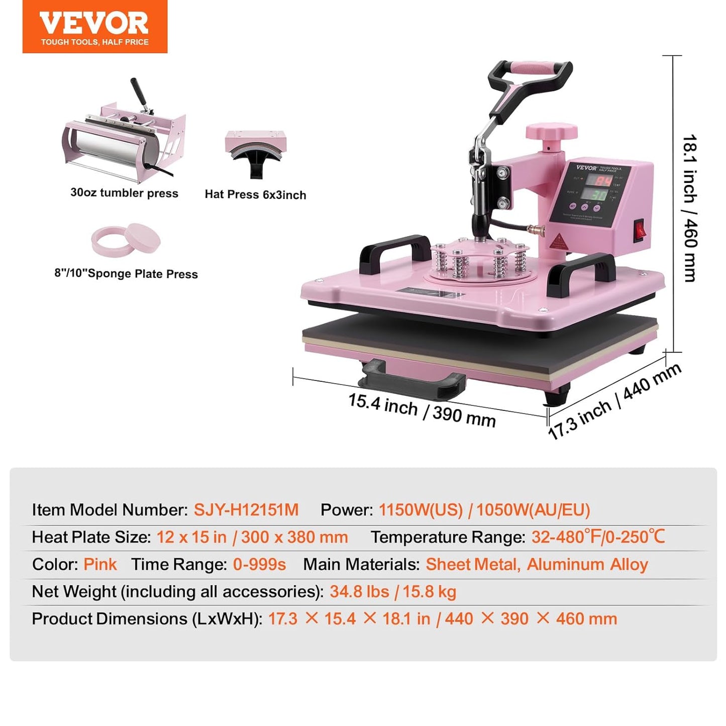VEVOR 5-in-1 hittepers, dienblad 30 x 38 cm, textielsublimatiemachine met 89 cl bekerpers, 360 graden draaibaar, nauwkeurige digitale bediening, doe-het-zelf T-shirts/hoeden/kopjes/borden, roze