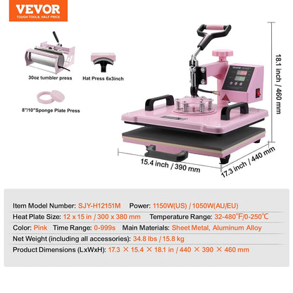 VEVOR 5-in-1 hittepers, dienblad 30 x 38 cm, textielsublimatiemachine met 89 cl bekerpers, 360 graden draaibaar, nauwkeurige digitale bediening, doe-het-zelf T-shirts/hoeden/kopjes/borden, roze