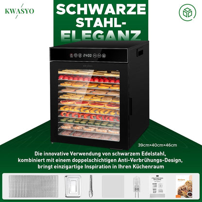 Kwasyo LT-09 Voedseldroger van roestvrij staal, 12 etages, volledig zwart, temperatuurregeling van 30-90 °C, timer 24 uur, receptenboekje voor vlees, groenten, groenten, kruiden, 900 W