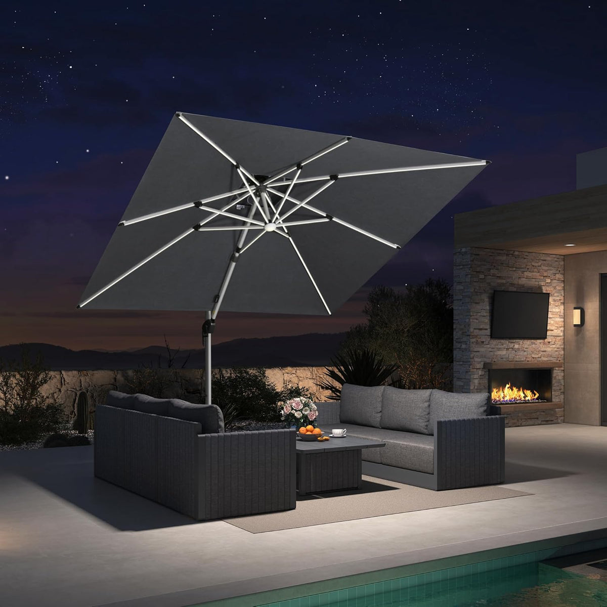 Purple Leaf Parasol met led-verlichting, rechthoekig, 270 x 365 cm, zonnescherm, marktparasol, tuinparasol met zwengel, terrasparasol met zwengel, 360° rotatie, zonwering UV50+, grijs