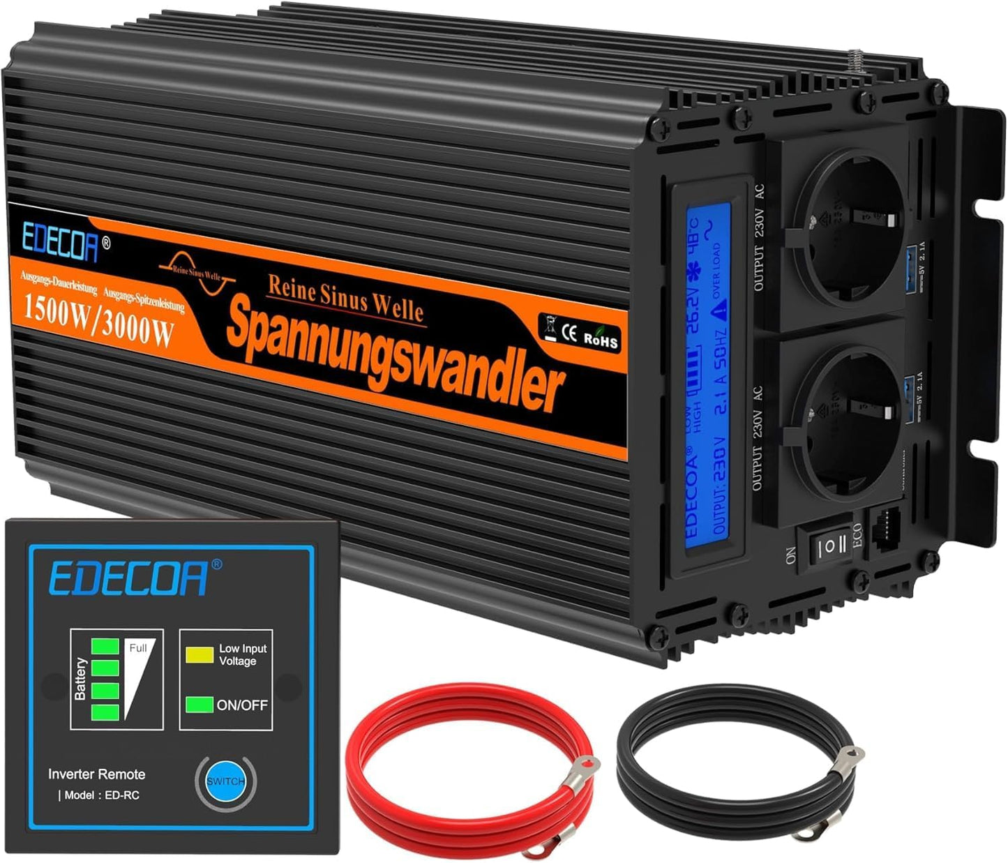 EDECOA 1500 W/3000 W 24 V 230 V omvormer zuivere sinus spanningsomvormer 24 V naar 220 V converter met afstandsbediening en 2 USB LCD-scherm met informatie over de omvormer