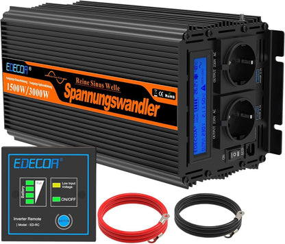 EDECOA 1500 W/3000 W 24 V 230 V omvormer zuivere sinus spanningsomvormer 24 V naar 220 V converter met afstandsbediening en 2 USB LCD-scherm met informatie over de omvormer