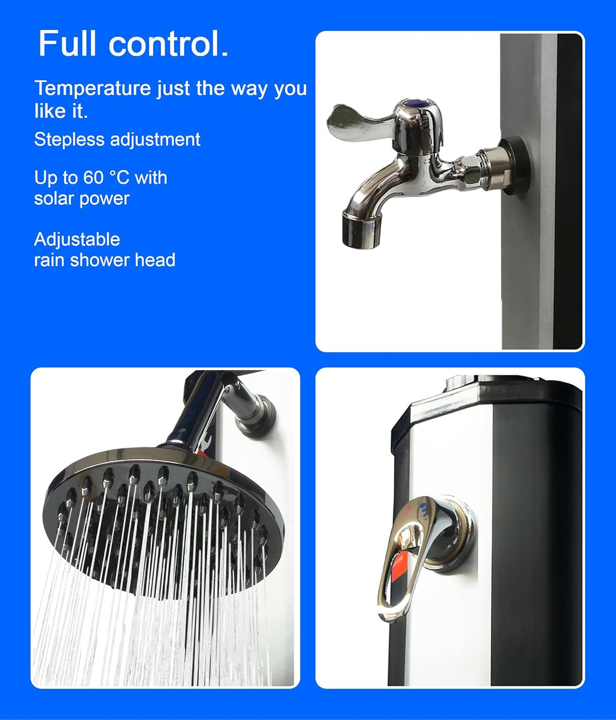 VIESTA® Zonnedouche 35 Liter met Voetdouche – Draaibare Regendouchekop – Solar Tuin-/Buiten-/Zwembaddouche zonder Stroomaansluiting – Tuinslang Aansluiting, tot 60°C – Zwart/Zilver