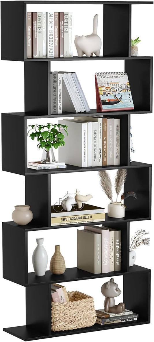 Yusong Boekenplank 6-laags geometrische boekenkast S-vormige boekenplanken voor slaapkamer, moderne houten decoratieve displayplank hoge boekenkast voor thuiskantoor, zwart