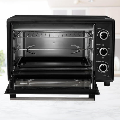 ICQN 50 liter mini oven | 1400 W | Circulerende lucht | Pizzaoven | Dubbele beglazing | Braadspit | Timer | Inclusief bakplaten set | Elektrische mini-oven | 40 ° -230 ° C | Geëmailleerd | zwart