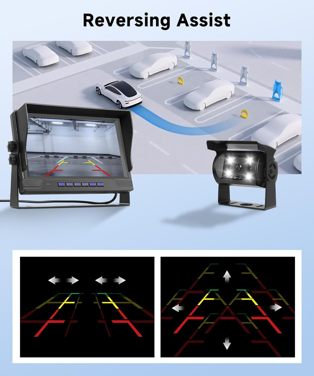 Rear View Camera 4 Cameras Set, 9 Inch Monitor 4 Split Screen, Rear View Camera IP68 Waterproof, Night Vision, DVR, Loop Video, Inversion Aid, for Truck/Bus/Motorhome/Trailer with 35 Meters - QUORE