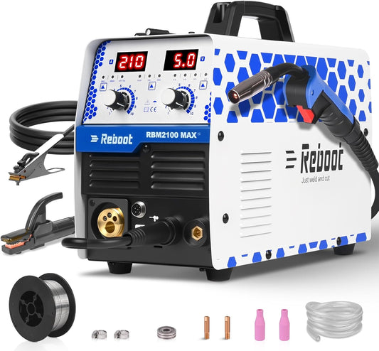 REBOOT 210A 6-in-1 MIG-laser, 220 V, gasloze flux core MIG/elektroden/lift TIG/puntlassen, aluminium multiproces met led-display, compatibel met spoel-gun, RBM2100 MAX