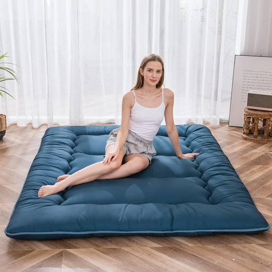 MAXYOYO Japanse vloermatras, futonmatras, dikkere tatami-mat, slaapkussen, opvouwbaar, oprolbaar matras, slaapzaal, matras, vloerligstoel, kussen, bed (blauwe hardsteen, eenpersoons)