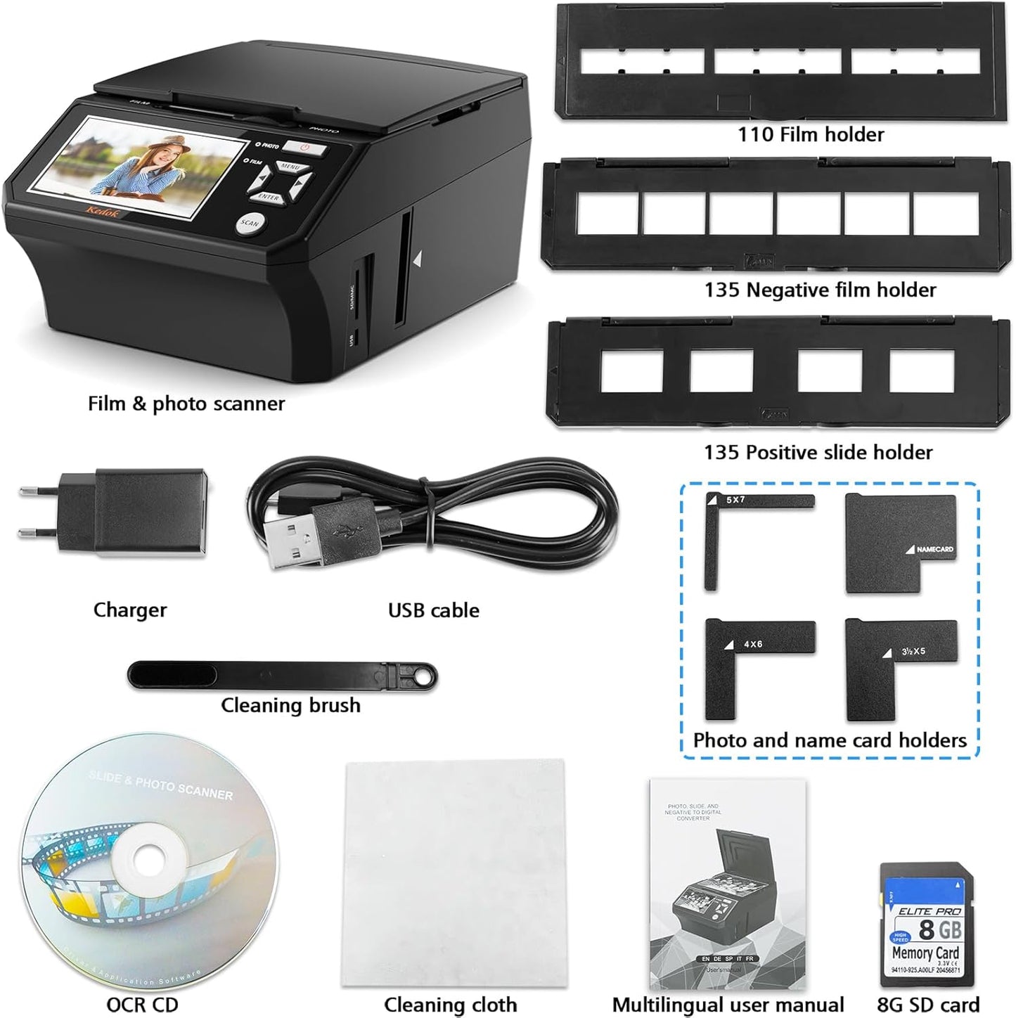 Digitale film- en diascanner - met 5 inch LCD-scherm, converteert 35 mm en 110 mm films, foto's en visitekaartjes in 22 MP JPEG hoge resolutie 8 GB SD-kaart