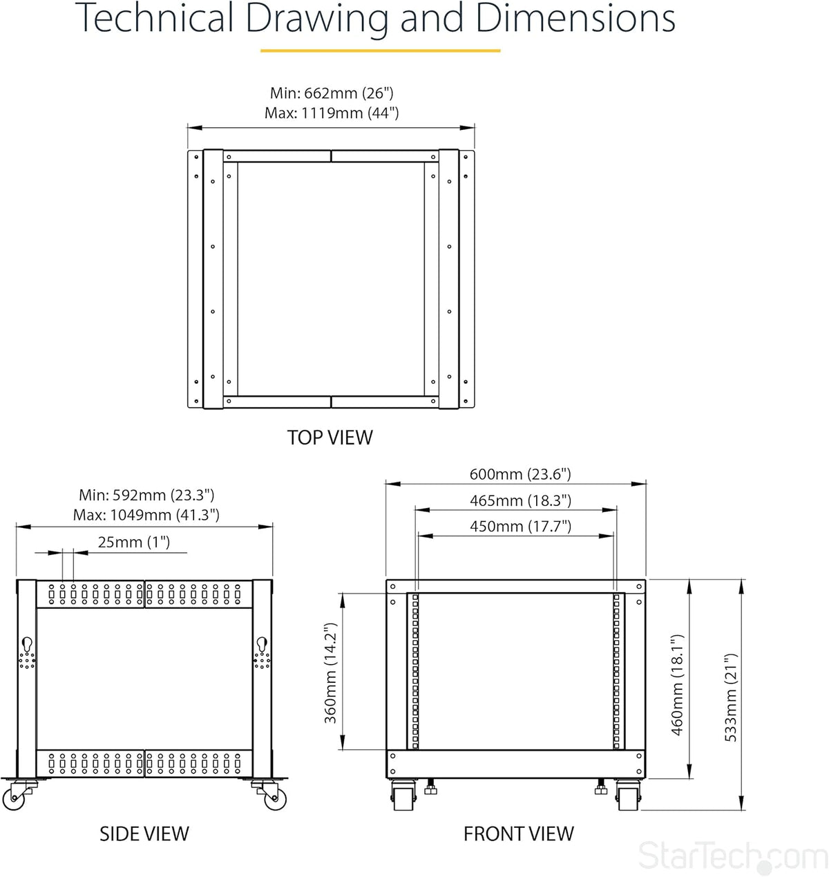 Serverrack 8U Mobiel Open Frame – Serverrek – Patchkast – Netwerkkast – 19 Inch Rack – Verstelbare Diepte 56 Tot 101 Cm – Koudgewalst Staal