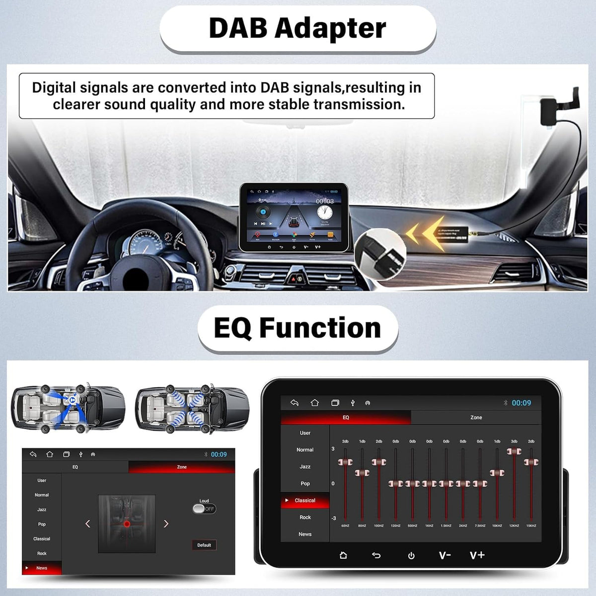 Autoradio 1 Din Android 13 (2G+32G) met Dab+ 7 inch IPS-touchscreen,Draadloze CarPlay, Android Auto, GPS, Bluetooth, Mirror Link, FM/RDS, SWC, Dubbel scherm,USB + microfoon, Achteruitrijcamera