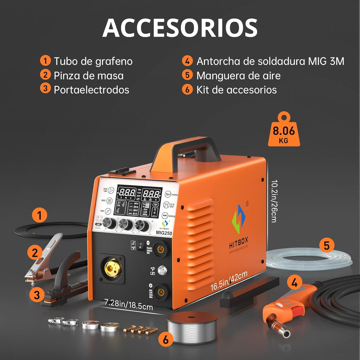 HITBOX 6-in-1 MIG Lasmachine Gas/Gasloos 250A 230V Digitale MIG Inverter met LED Display, Geschikt voor Flux & Massieve Draad, MIG/ARC/Lift TIG, Aluminium Lassen (MIG250)