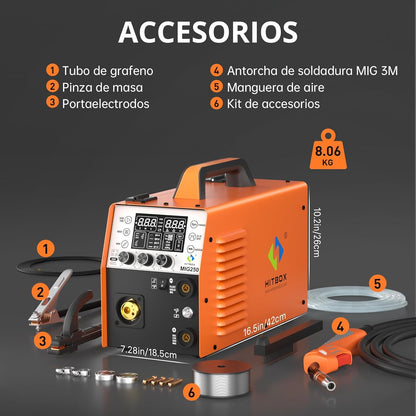 HITBOX 6-in-1 MIG Lasmachine Gas/Gasloos 250A 230V Digitale MIG Inverter met LED Display, Geschikt voor Flux & Massieve Draad, MIG/ARC/Lift TIG, Aluminium Lassen (MIG250)