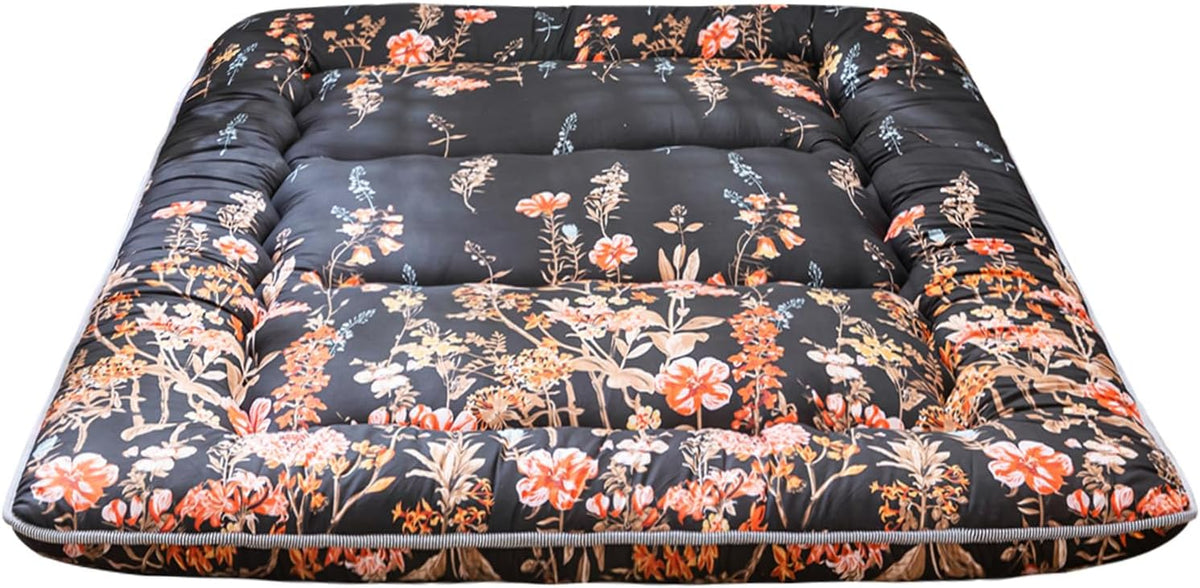 Japanse vloermatras, futonmatras, dikkere tatami-mat, slaapkussen, opvouwbaar, oprolbaar matras, slaapzaal, matras, vloerligstoel, kussen bed (zwarte bloemen, king)