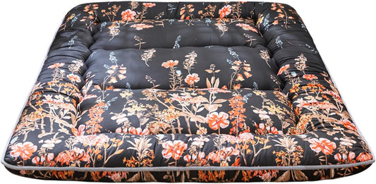 Japanse vloermatras, futonmatras, dikkere tatami-mat, slaapkussen, opvouwbaar, oprolbaar matras, slaapzaal, matras, vloerligstoel, kussen bed (zwarte bloemen, king)