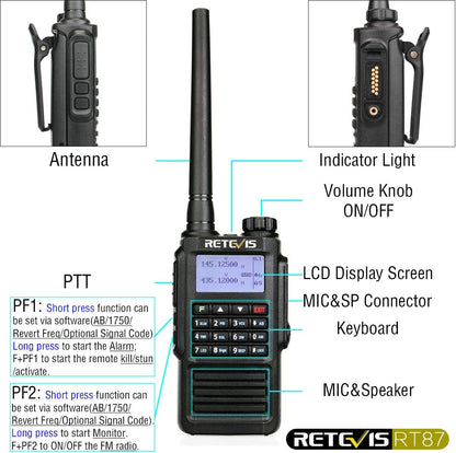 Retevis RT87 Walkie Talkie Waterdicht IP67 Dual Band 5W Portofoons 2 m/70 cm 1200 mAh Batterij 128 Kanalen FM Radio Oplaadbaar Amateur radio (1 Stuk, Zwart)