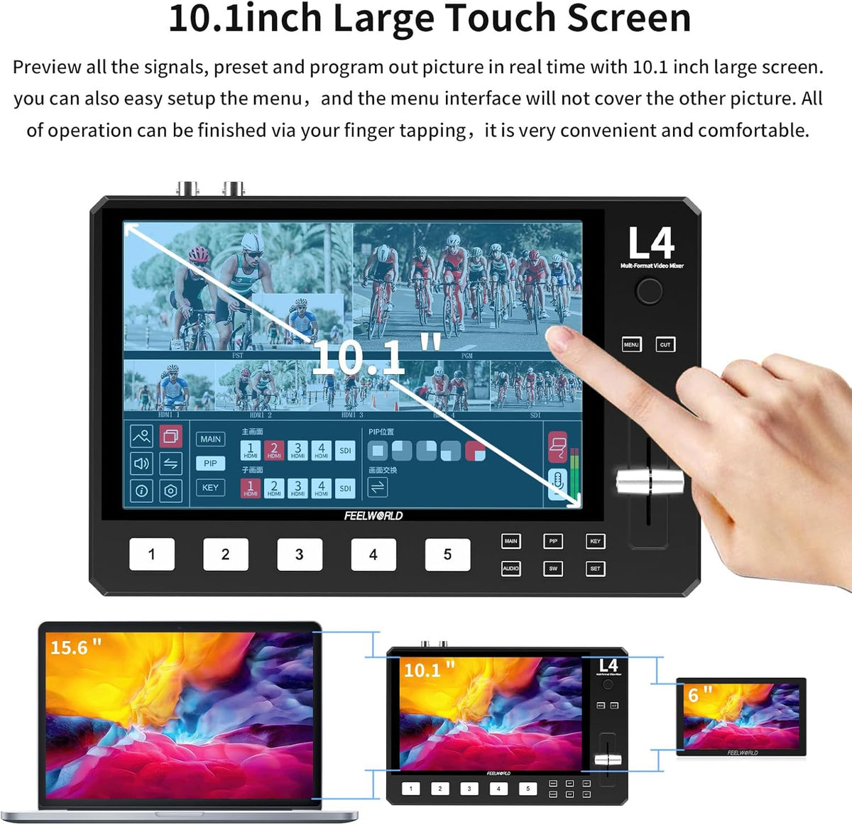 Videomixer – Videomixer, videoswitcher, livestream switcher, multicamera switcher – 25,6 cm touchscreen – 4 HDMI, 1 SDI en USB 3.0 streaming