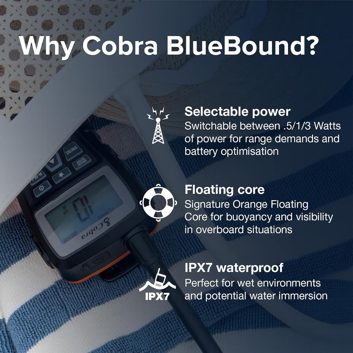 Cobra BlueBound 150 Handheld VHF Marine Radio - 3 watt, drijvend, IPX7 waterdicht, dompelbaar, lcd-display, geheugenscan, riemclip, zwart