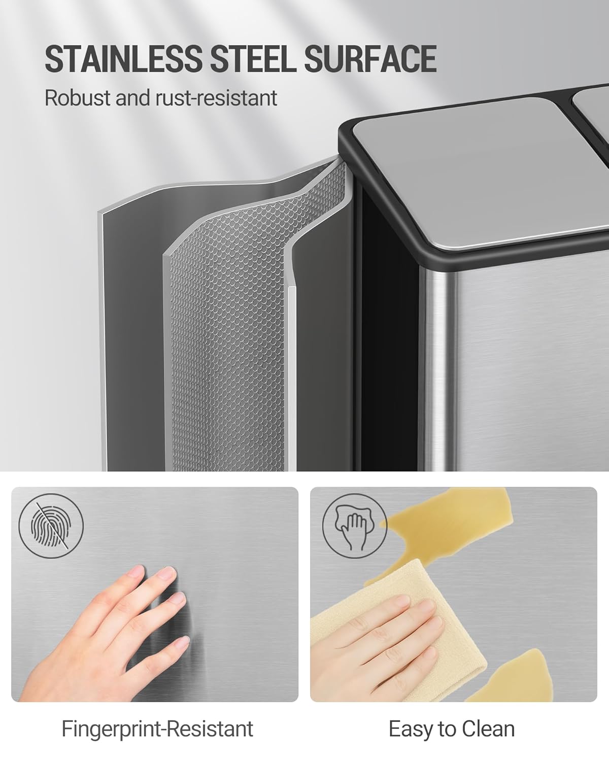 Hzuaneri Kitchen Trash Bin, Waste Separation System, 2 Compartments, 60 L (2 x 30 L), Stainless Steel Kitchen Trash Bin, Pedal Bin, Silent Slow Waste Bag, with 15 Exclusive Waste Bags, Silver