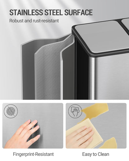 Hzuaneri Kitchen Trash Bin, Waste Separation System, 2 Compartments, 60 L (2 x 30 L), Stainless Steel Kitchen Trash Bin, Pedal Bin, Silent Slow Waste Bag, with 15 Exclusive Waste Bags, Silver