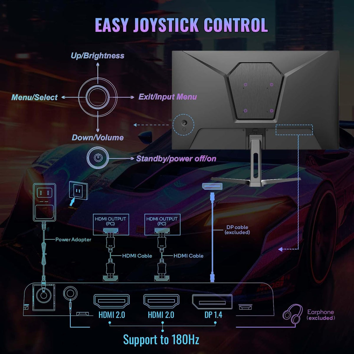 Minifire 24 inch gaming monitor, 180Hz, 1Ms, FreeSync, sRGB110% Computer Monitor, HDR, FHD 1080P, tiltable, HDMI & DP connections, Eye Care, VESA wall mount 75 * 75 (MFG24F4) - QUORE