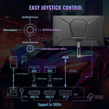 Minifire 24 inch gaming monitor, 180Hz, 1Ms, FreeSync, sRGB110% Computer Monitor, HDR, FHD 1080P, tiltable, HDMI & DP connections, Eye Care, VESA wall mount 75 * 75 (MFG24F4) - QUORE