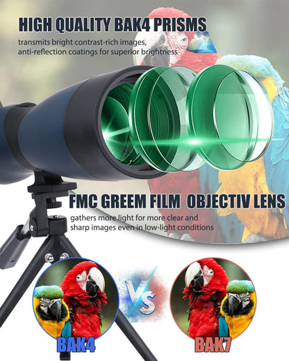 25-75x70 HD spotting scope sportschutters met statief- en smartphone-adapter, Zoom Bak4 Prism FMC lens 45 graden schuine telescoop voor vogelobservatie Wildlife Scenery jacht wilde dieren Stargazing