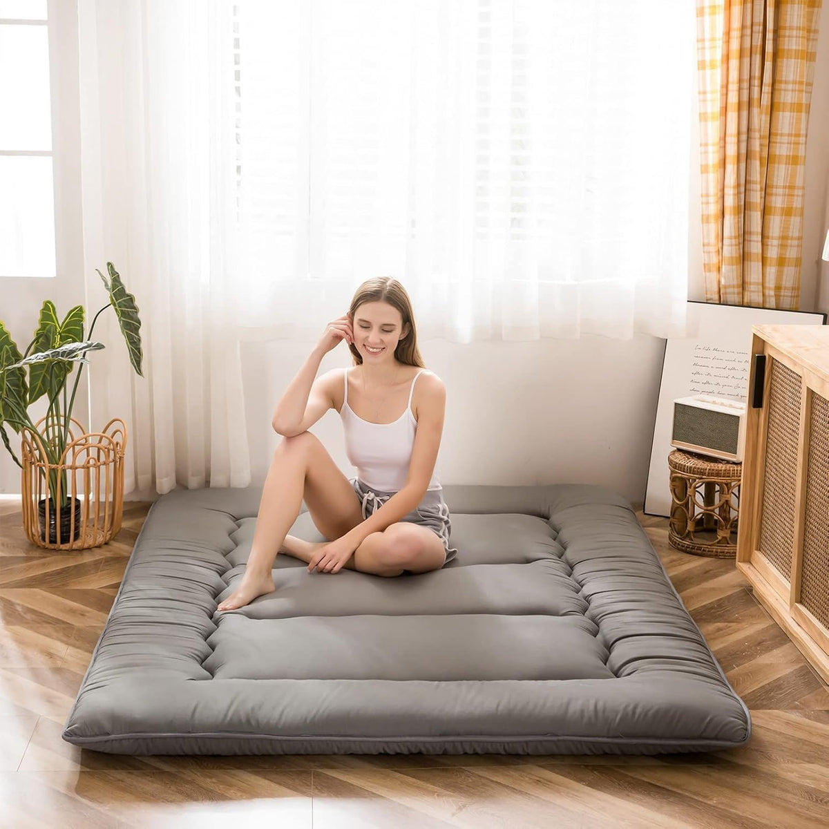 Maxyoyo Japanese Floor Mattress, Futon Mattress, Thicken Tatami Mat, Sleeping Pillow, Foldable, Roll-Up Mattress, Dormitory, Mattress, Floor Lounger, Pillow, Bed (Anthracite Grey, Double)
