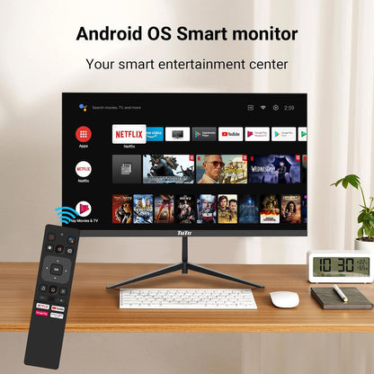 TuTu Smart Monitor 25 Inch Full HD-monitor met luidsprekers, aangedreven door Android, WiFi, Bluetooth, spraakbesturing met Google Assistant met afstandsbediening, Chromecast ingebouwd