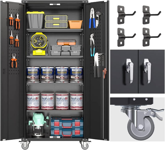 SUPEER 183 cm hoge metalen opbergkast met wielen en pegboard, afsluitbare stalen opbergkast met 4 verstelbare planken en deur voor garage, kantoor, keuken, montage vereist (zwart)