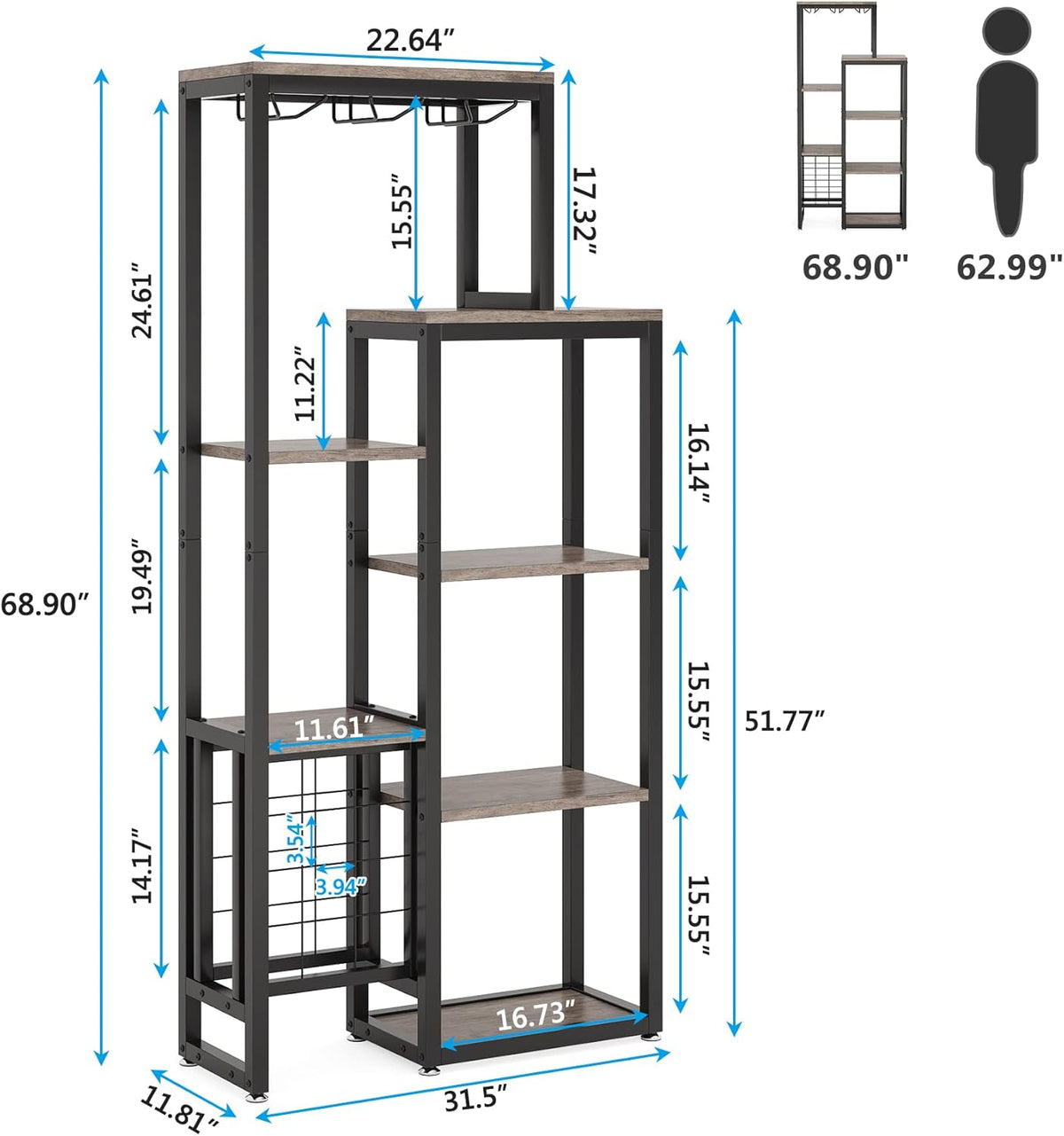Tribesigns 2 Pcs Freestanding Floor Wine Rack - 5 Tier Wine Display Shelf with Glass Holder and Storage, Industrial Bar Cabinet for Kitchen, Dining Room (Rustic Gray)