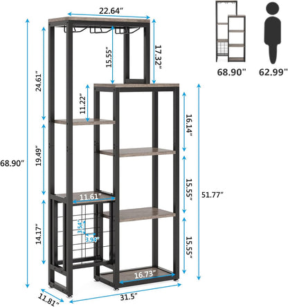 Tribesigns 2 Pcs Freestanding Floor Wine Rack - 5 Tier Wine Display Shelf with Glass Holder and Storage, Industrial Bar Cabinet for Kitchen, Dining Room (Rustic Gray)