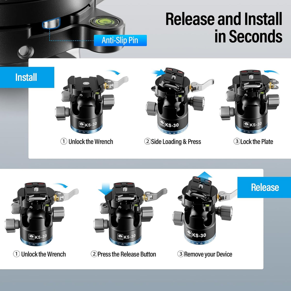 SIRUI 36mm Low Profile Ball Head KS-30, 360° Double Panoramic Aluminium Alloy Tripod Head for Camera, Camcorder, Professional Heavy Duty Ball Head for Tripod, Monopod, Camera Slider, Max Load 20KG