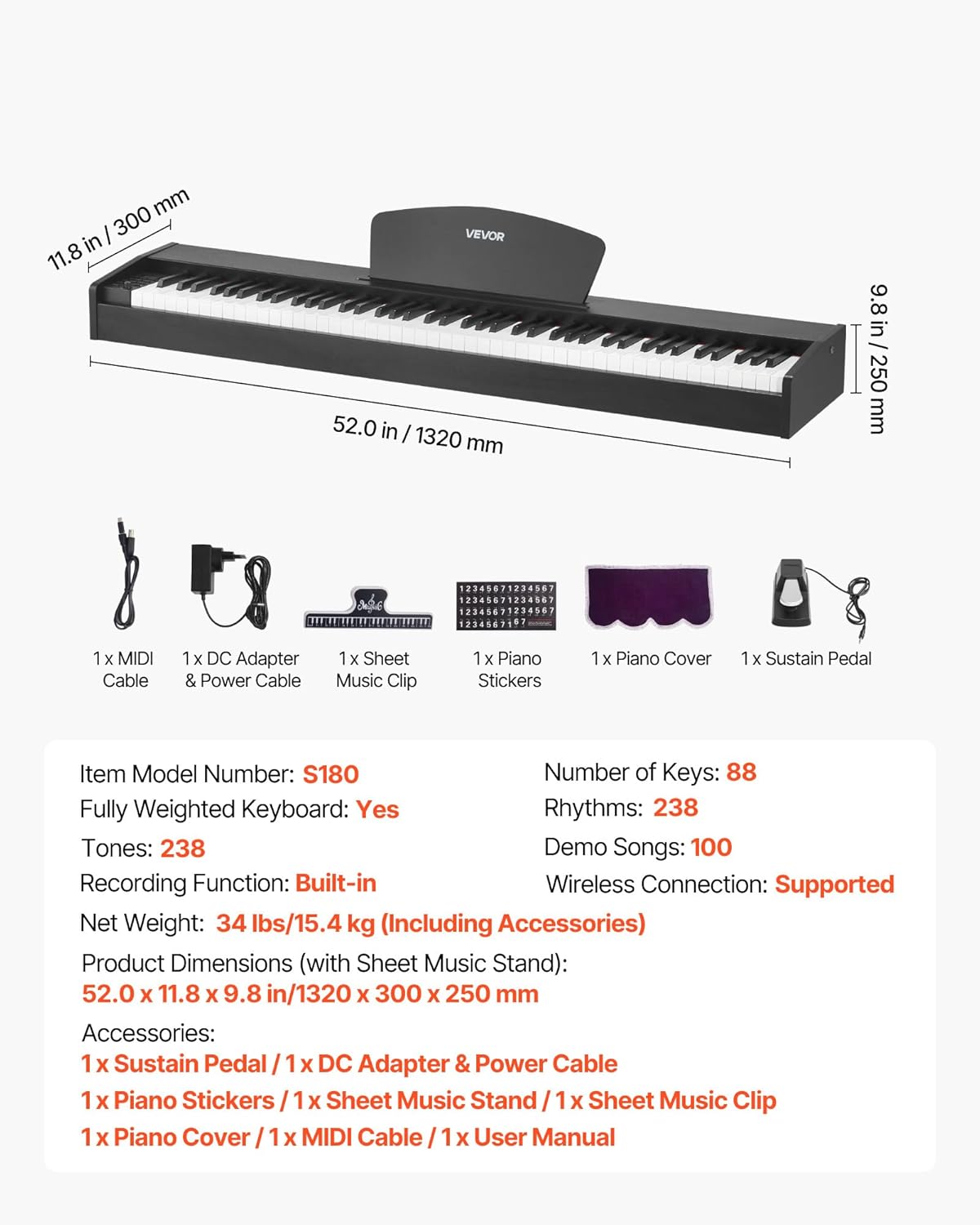 Digitale piano – Elektrische piano – Keyboard – Piano met gewogen toetsen – Pianotoetsenbord – Zonder houder – 88 volledig gewogen toetsen – Dual-toetsenbordmodus